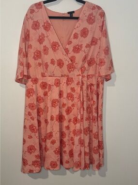 Torrid Size 18 Pink Floral Faux Wrap Midi Dress Open Back Tie Waist
